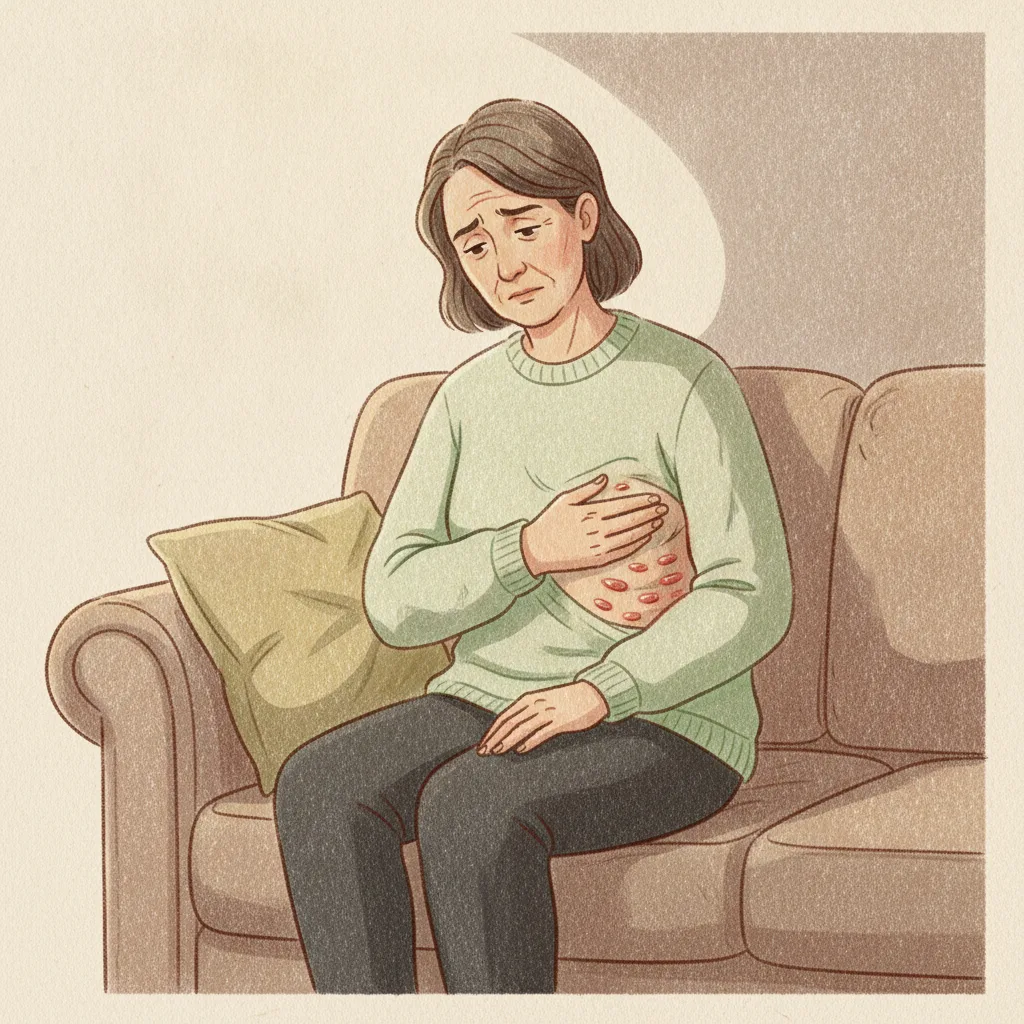 옆구리에 띠 모양으로 나타난 물집과 함께 통증을 느끼는 환자의 모습으로, 대상포진의 전형적인 편측 수포 증상을 보여줍니다.<p style=